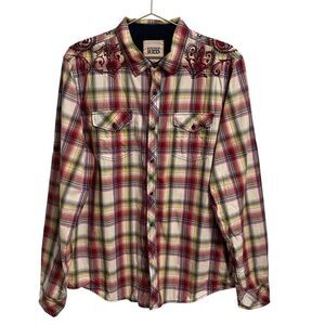 Vintage Red Plaid Western Snap Embroidered Long Sleeve Shirt Cotton Y2K Size XL